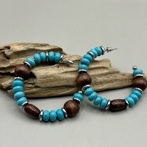 Large Earthy Vintage Turquoise and Brown Beaded Hoop Earrings -Gift Idea